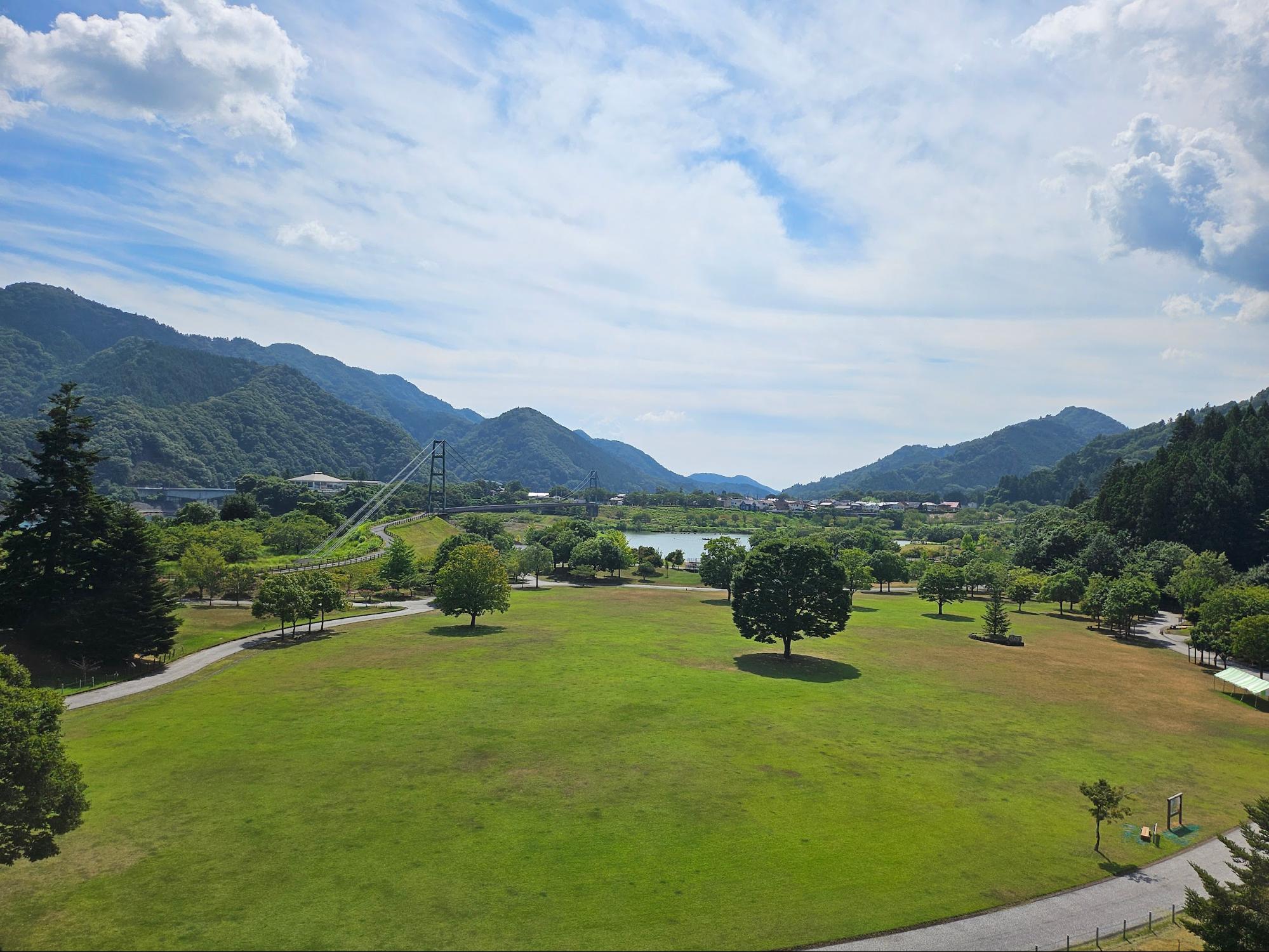Looking out over Lake Miyagase park with the bridge in the distance