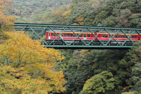 Deyama Eisen Brücke und Hayakawa Bach im Herbst